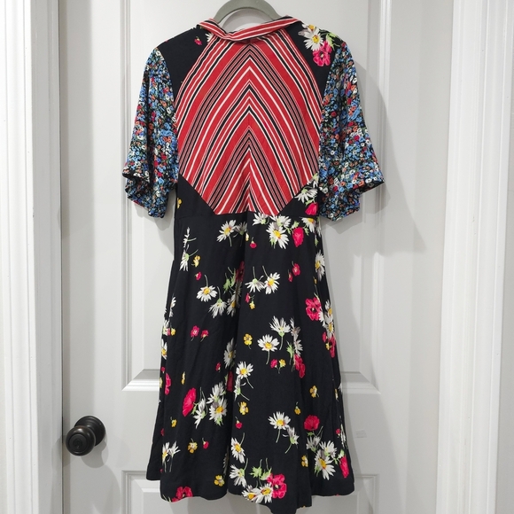 Free People Multicolor Patchwork Striped Floral Short Sleeve V-Neck Dress, 8 - Picture 10 of 15